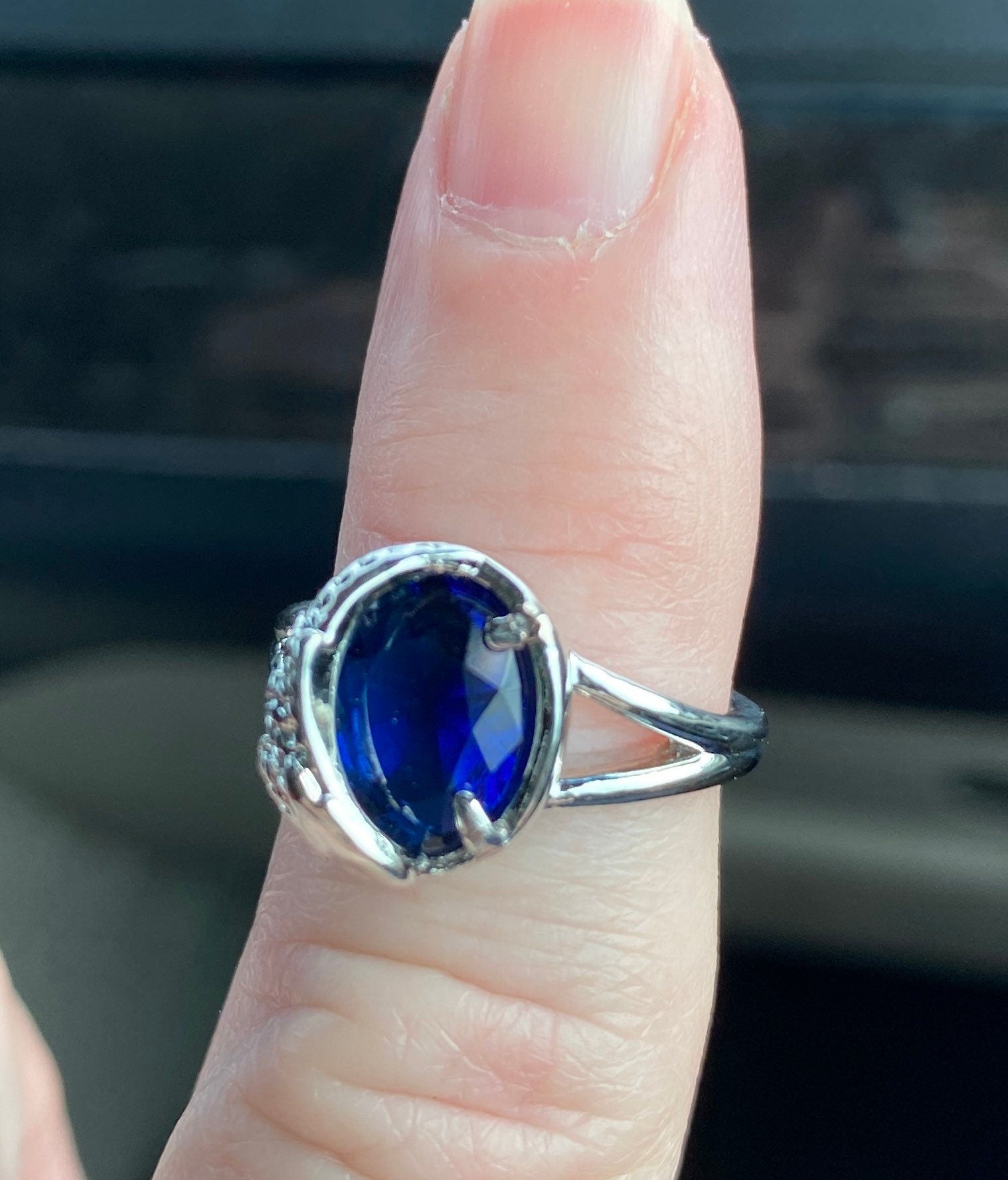 Blue Sapphire Color Ring, Angel Wing Statement Ring, Engagement, Valentine, Anniversary Gift. Deep Blue Stone With Tiny Crystals On Wing,