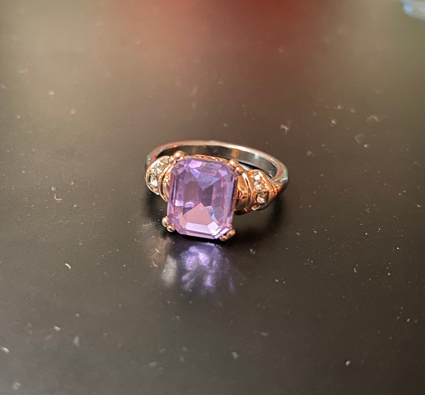 Amethyst Color Stone Ring With Gold and Silver On Band With Small Crystals On The Side