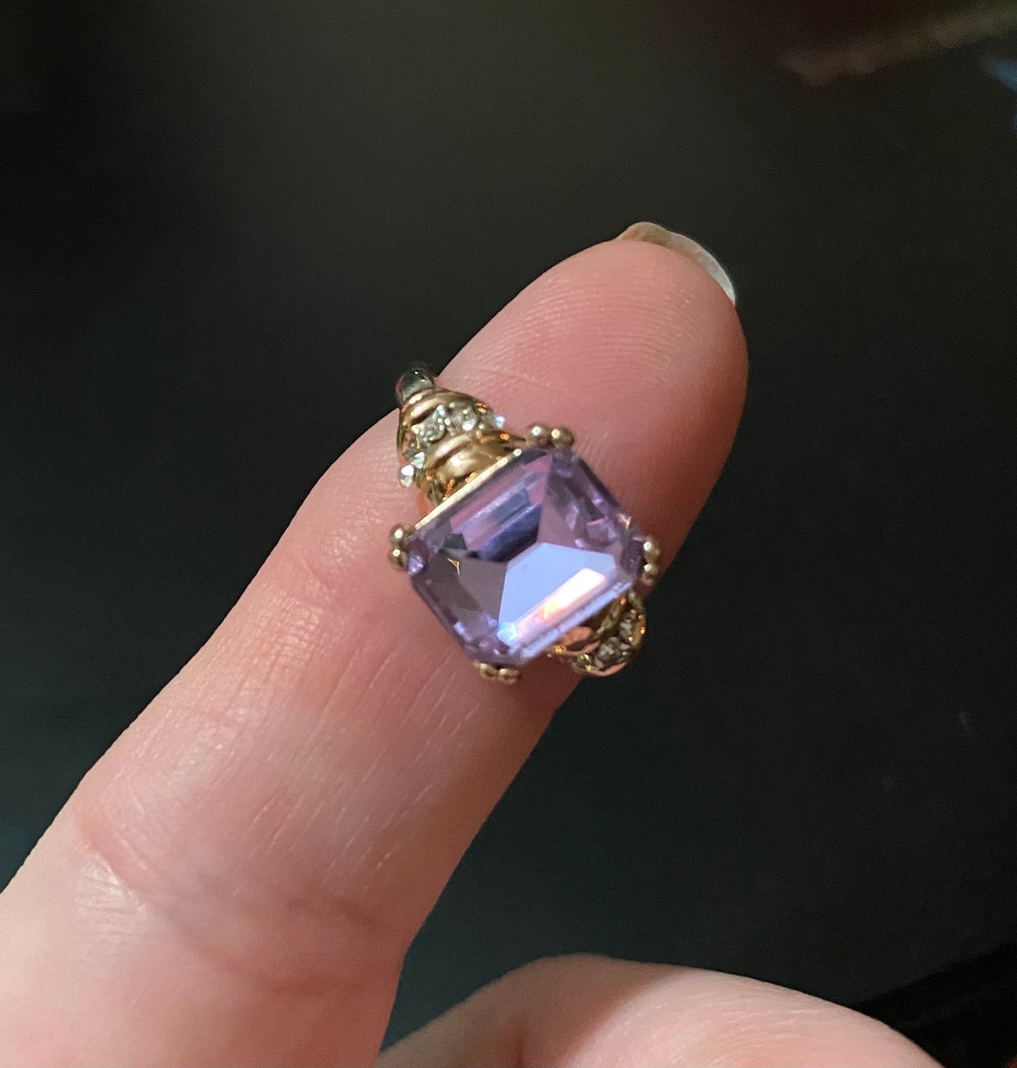 Amethyst Color Stone Ring With Gold and Silver On Band With Small Crystals On The Side