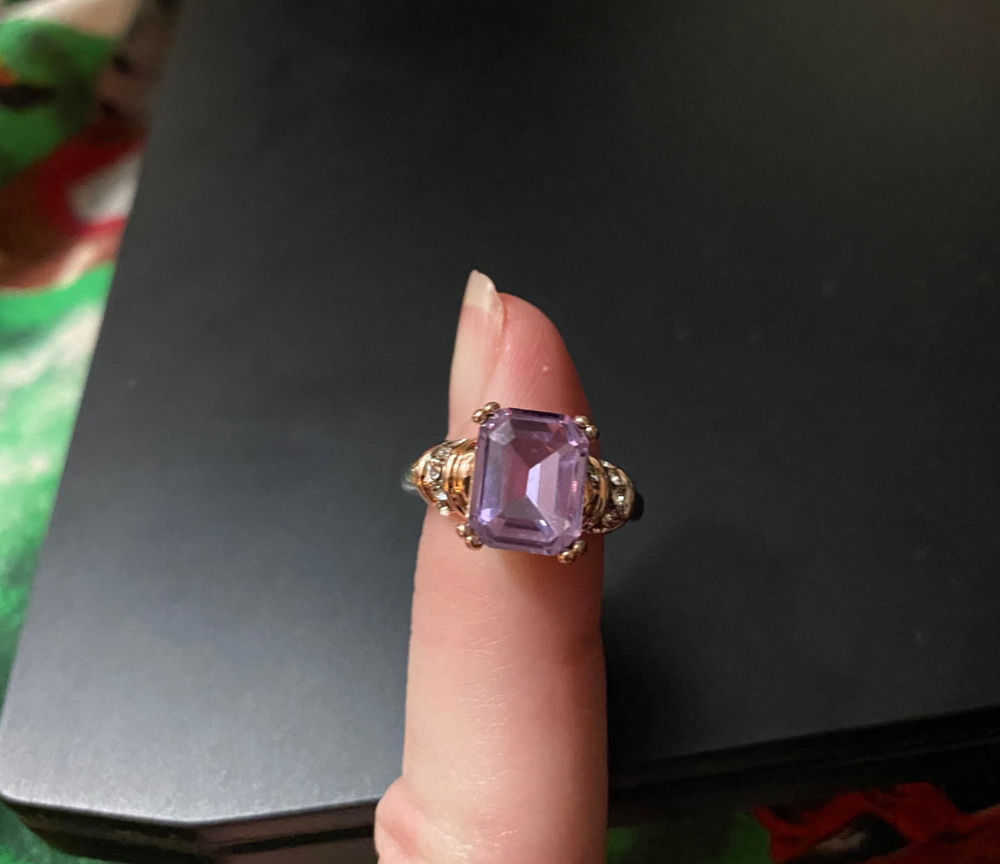 Amethyst Color Stone Ring With Gold and Silver On Band With Small Crystals On The Side