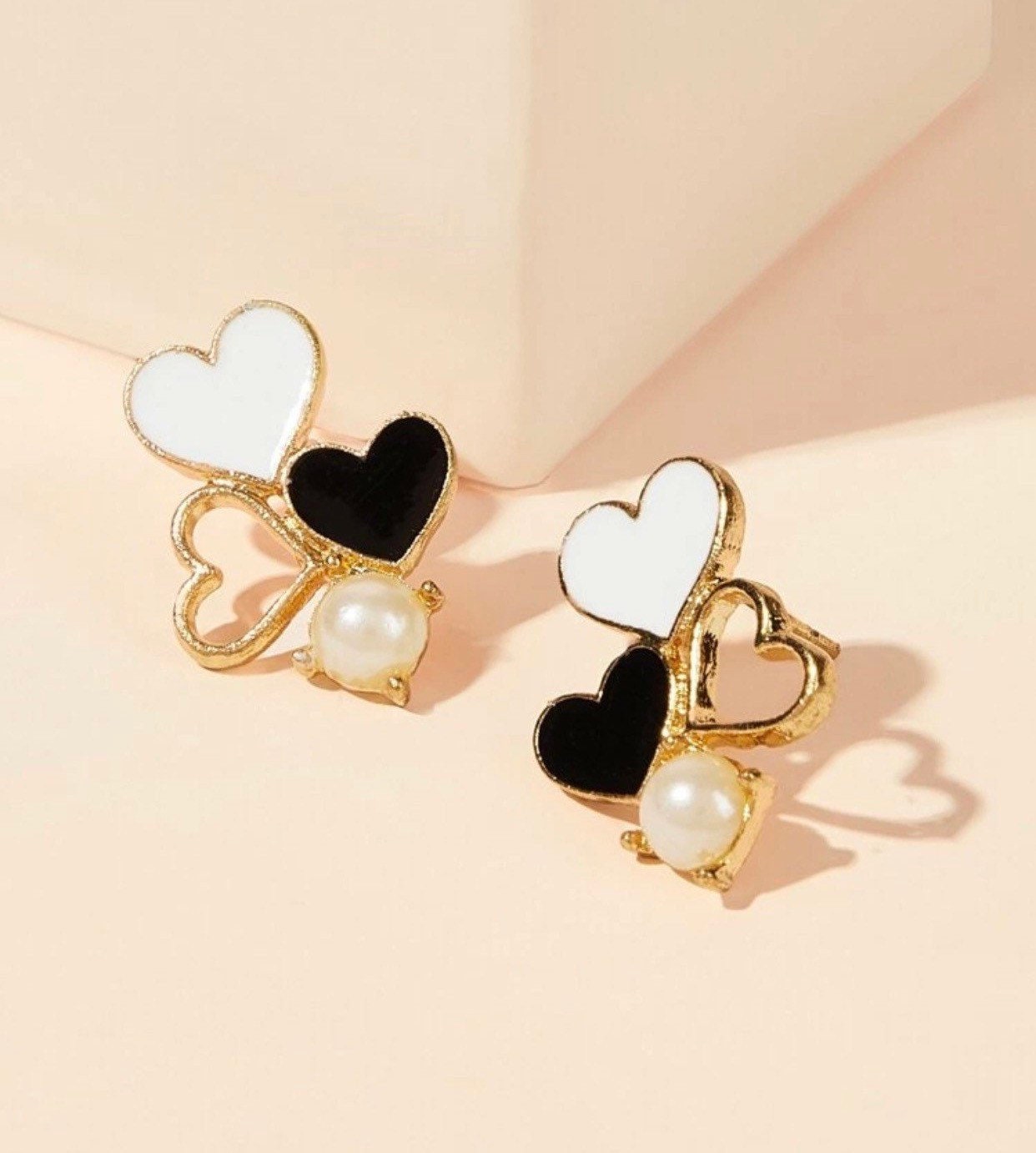 Two Tone Heart Shaped Stud Earrings, Valentines, Heart Cluster, Black & White