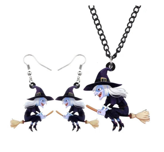 Laughing Witch Riding Broom Set, Necklace and Earrings, Halloween Jewelry, Women's Girls Teens ,Holiday, Spooky, Scary, Horror, Creepy