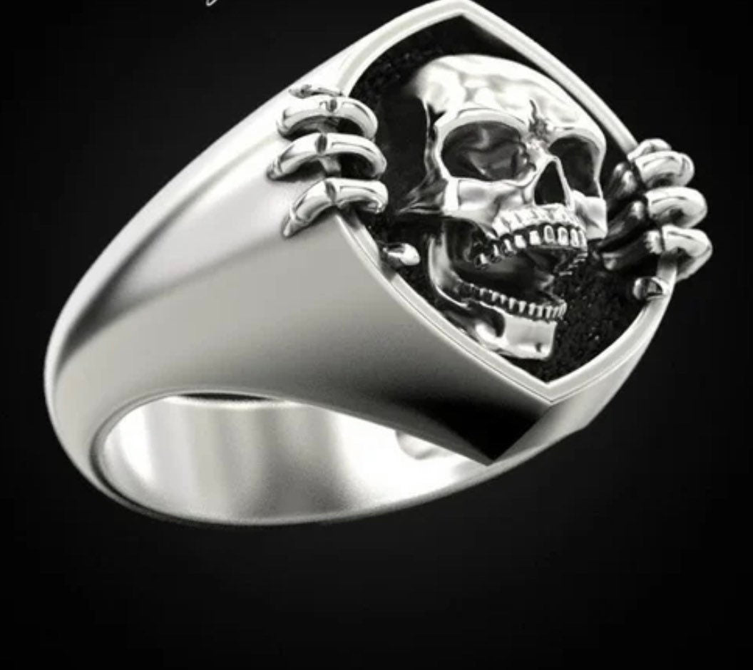 Men's Skull Ring, Skull Holding Sides, Biker, Goth, Punk, Hip Hop, Heavy Metal, Rock,