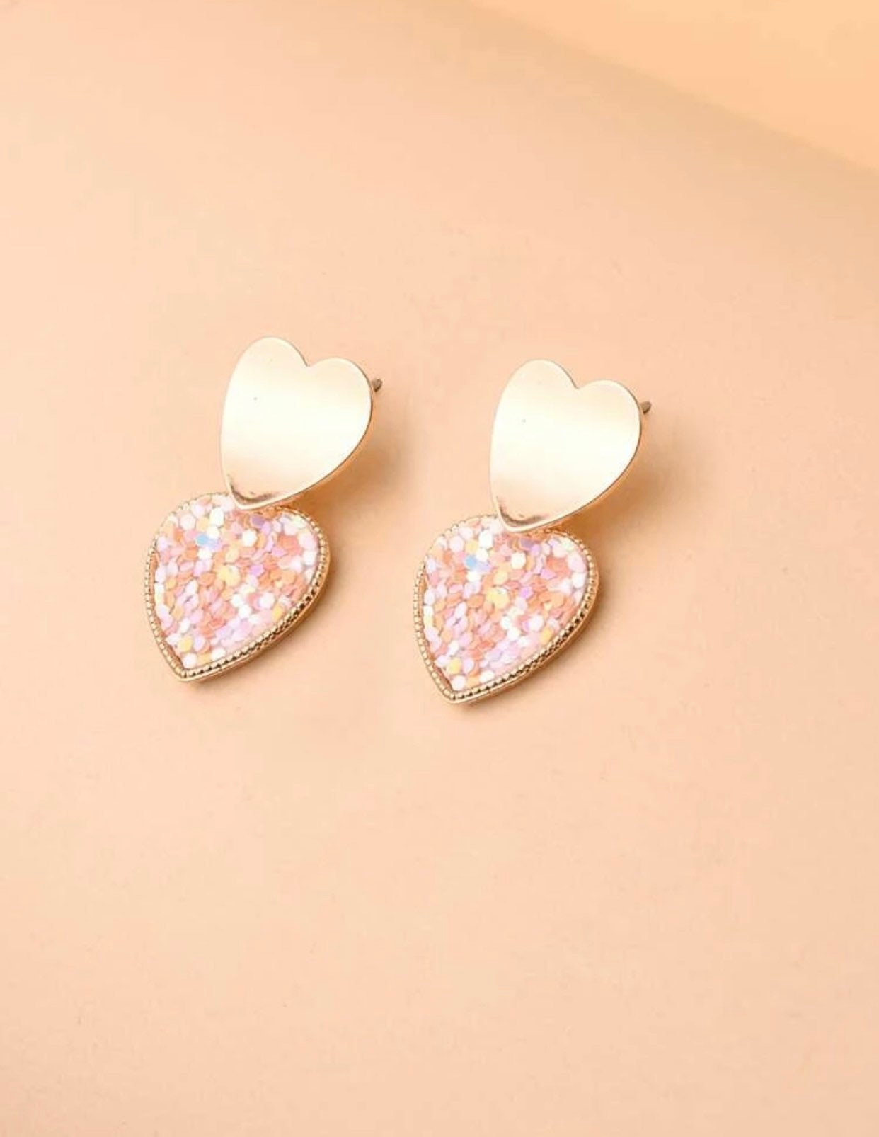 Heart Drop Studs, Valentines Day Earrings, Sequin Earrings, Glitter, Gold Plated, Cute, Sparkly, Kawaii