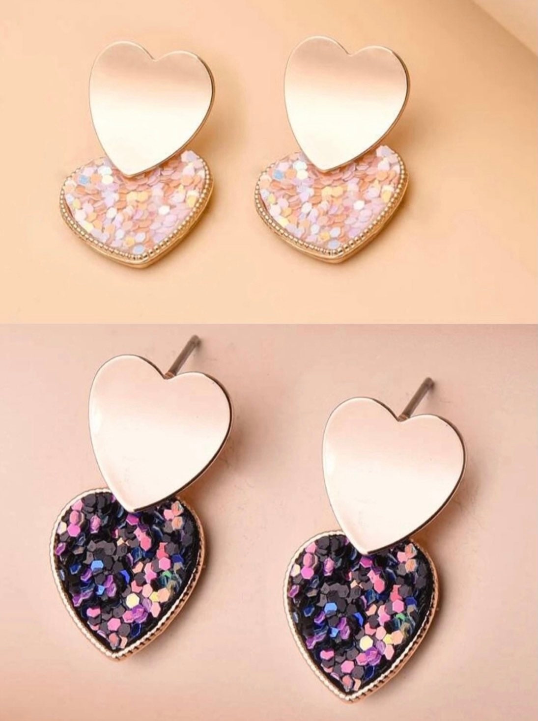 Heart Drop Studs, Valentines Day Earrings, Sequin Earrings, Glitter, Gold Plated, Cute, Sparkly, Kawaii