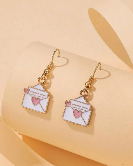 Love Letter Earrings, Valentines Day Jewelry, Heart Envelope, Cute, Kawaii, Mail, Romantic, Gift Ideas, Pink Hearts