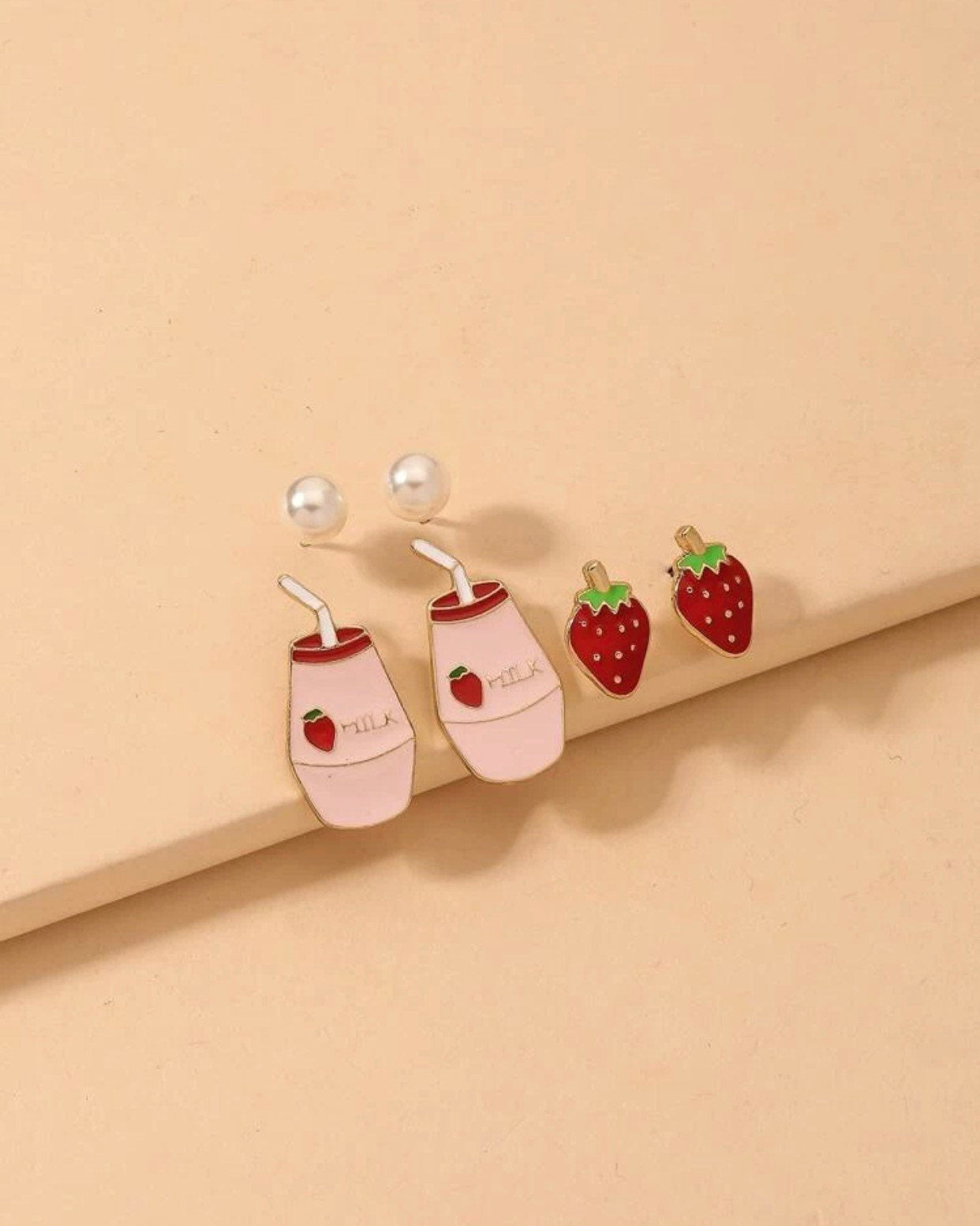 Strawberry Earring Set, Strawberry Milk, Pink Earrings, Kawaii, Cute, Pearl Studs, Gold Plated, Food & Drink Earrings