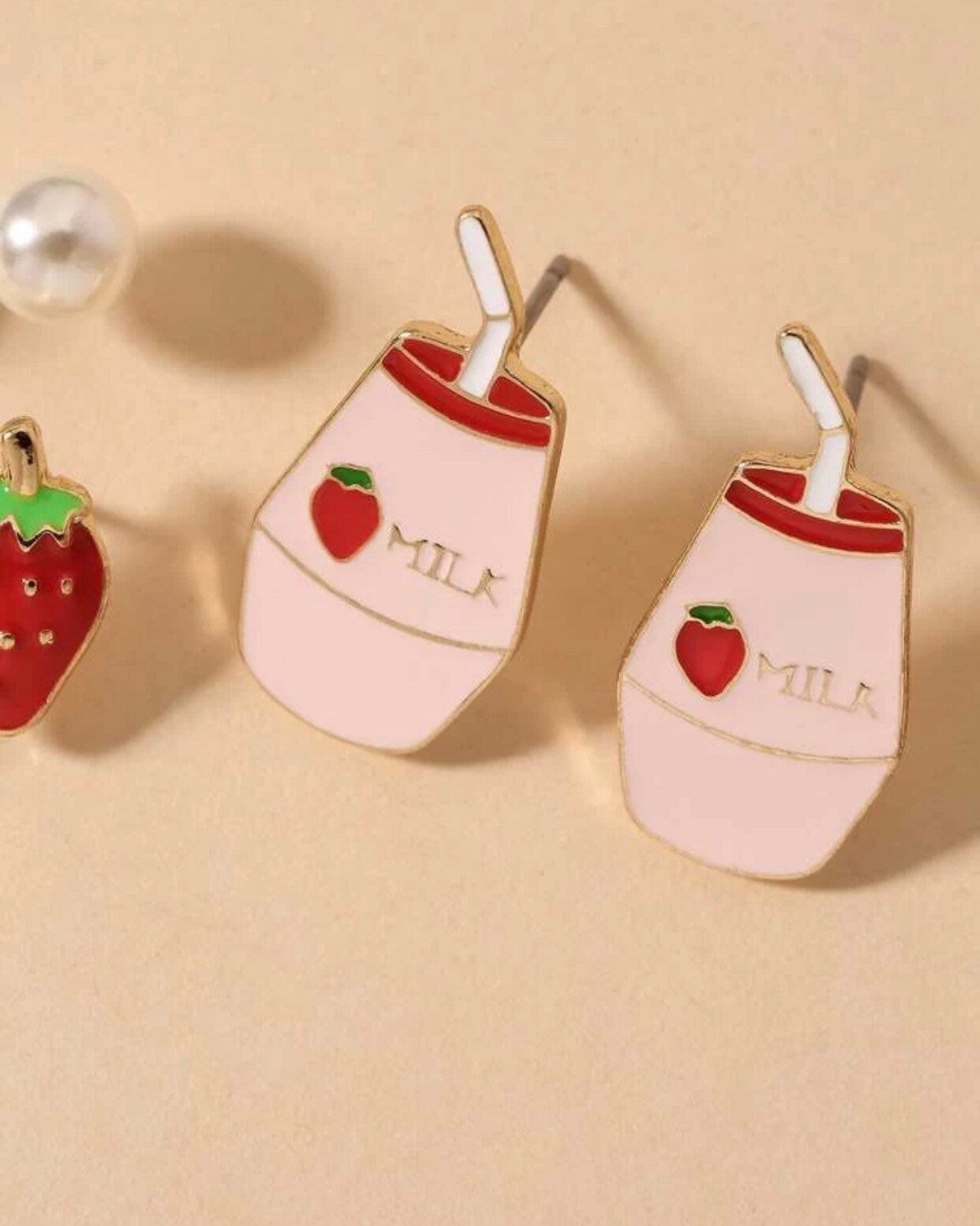 Strawberry Earring Set, Strawberry Milk, Pink Earrings, Kawaii, Cute, Pearl Studs, Gold Plated, Food & Drink Earrings