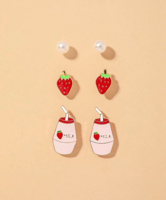 Strawberry Earring Set, Strawberry Milk, Pink Earrings, Kawaii, Cute, Pearl Studs, Gold Plated, Food & Drink Earrings