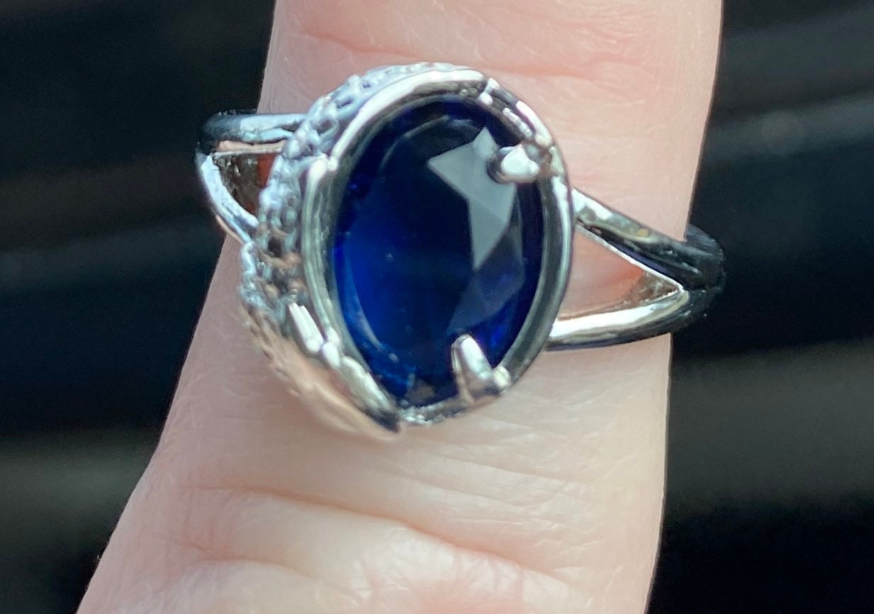 Blue Sapphire Color Ring, Angel Wing Statement Ring, Engagement, Valentine, Anniversary Gift. Deep Blue Stone With Tiny Crystals On Wing,