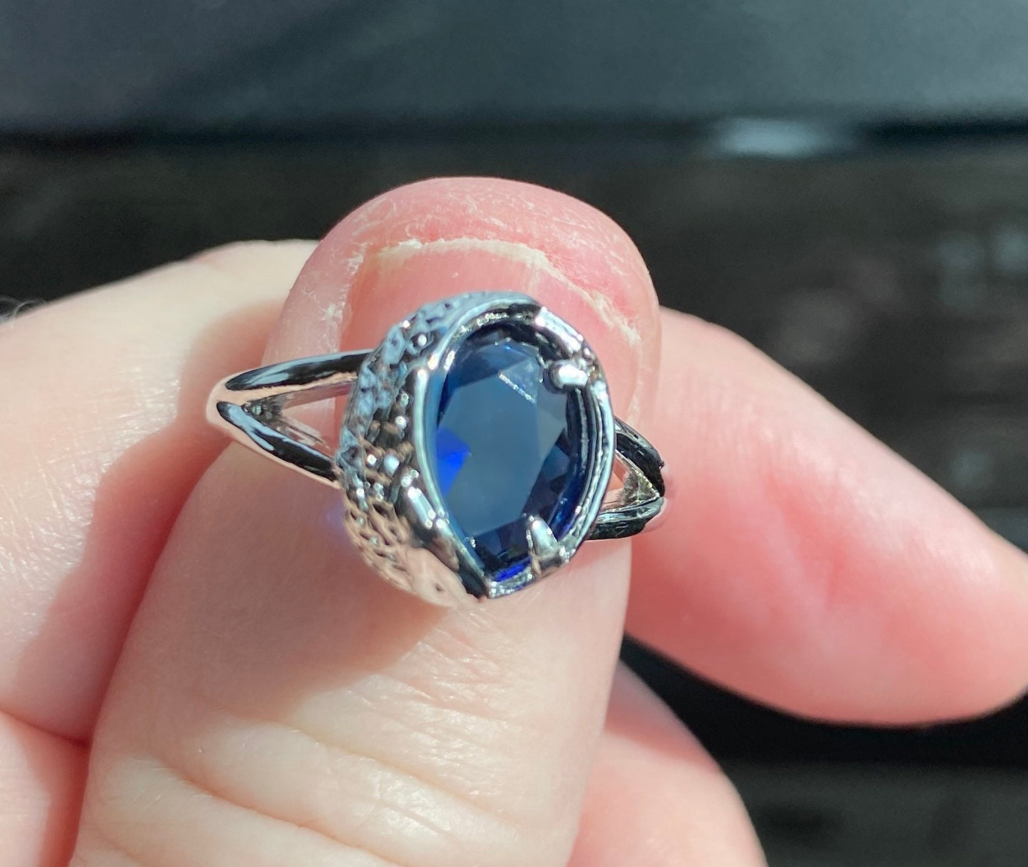 Blue Sapphire Color Ring, Angel Wing Statement Ring, Engagement, Valentine, Anniversary Gift. Deep Blue Stone With Tiny Crystals On Wing,