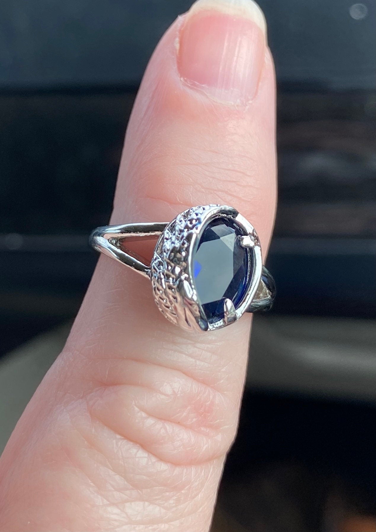 Blue Sapphire Color Ring, Angel Wing Statement Ring, Engagement, Valentine, Anniversary Gift. Deep Blue Stone With Tiny Crystals On Wing,