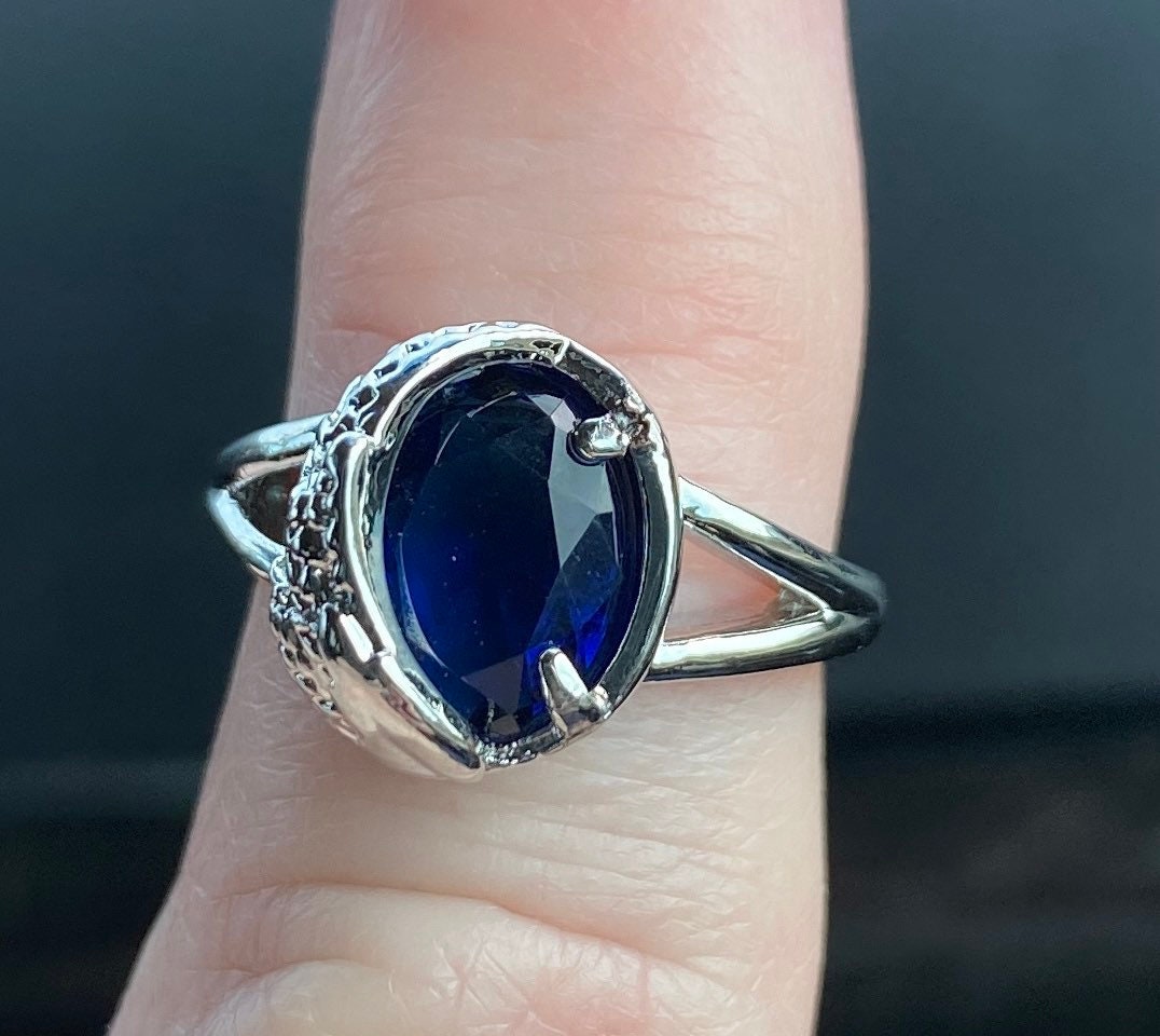 Blue Sapphire Color Ring, Angel Wing Statement Ring, Engagement, Valentine, Anniversary Gift. Deep Blue Stone With Tiny Crystals On Wing,