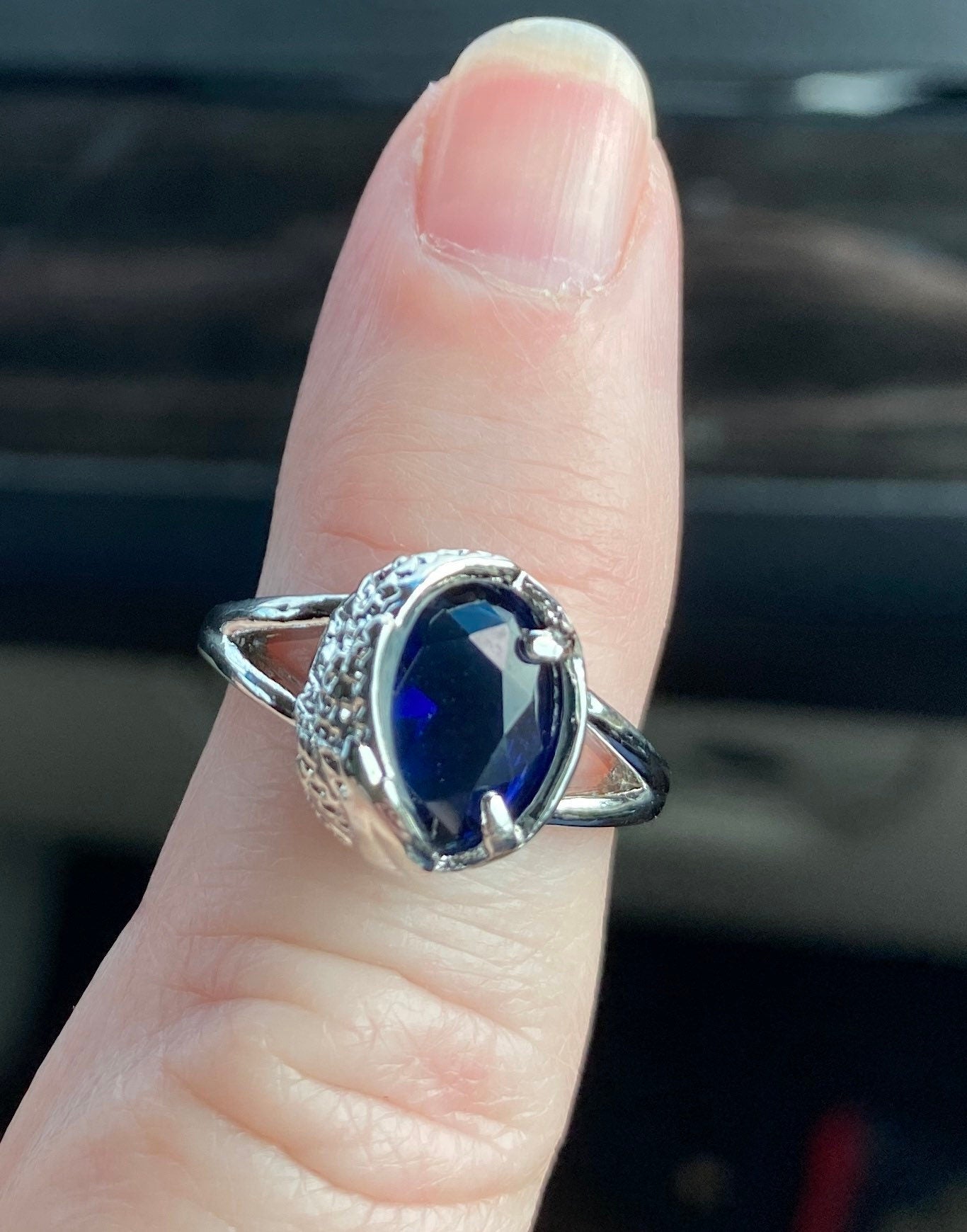 Blue Sapphire Color Ring, Angel Wing Statement Ring, Engagement, Valentine, Anniversary Gift. Deep Blue Stone With Tiny Crystals On Wing,