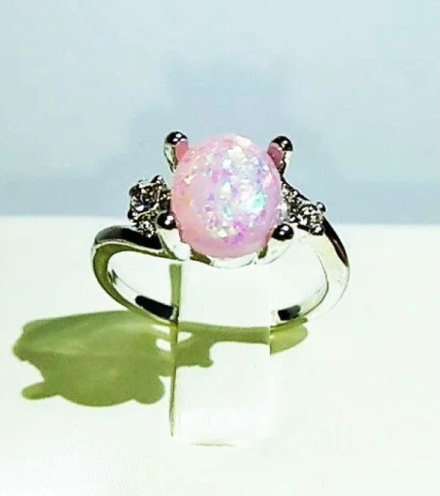 Pink Stone Ring With 2 CZ’s On The Side, Stone Has Little Glitter Flecks Inside, Beautiful Statement Women’s Ring, Great Gift