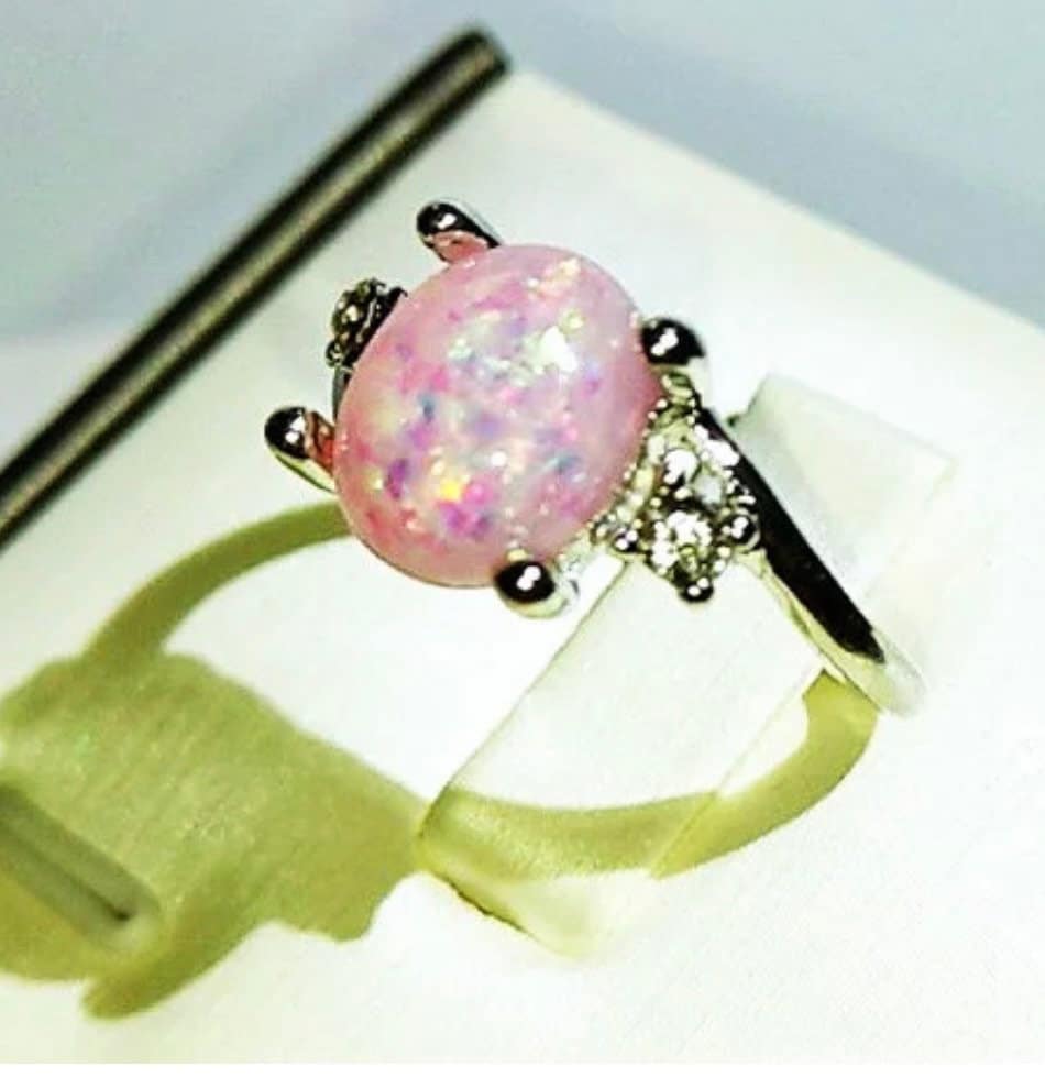 Pink Stone Ring With 2 CZ’s On The Side, Stone Has Little Glitter Flecks Inside, Beautiful Statement Women’s Ring, Great Gift