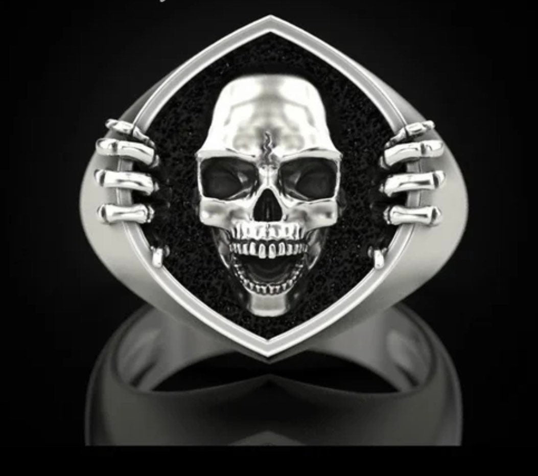 Men's Skull Ring, Skull Holding Sides, Biker, Goth, Punk, Hip Hop, Heavy Metal, Rock,