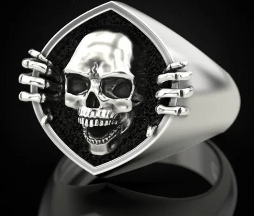 Men's Skull Ring, Skull Holding Sides, Biker, Goth, Punk, Hip Hop, Heavy Metal, Rock,