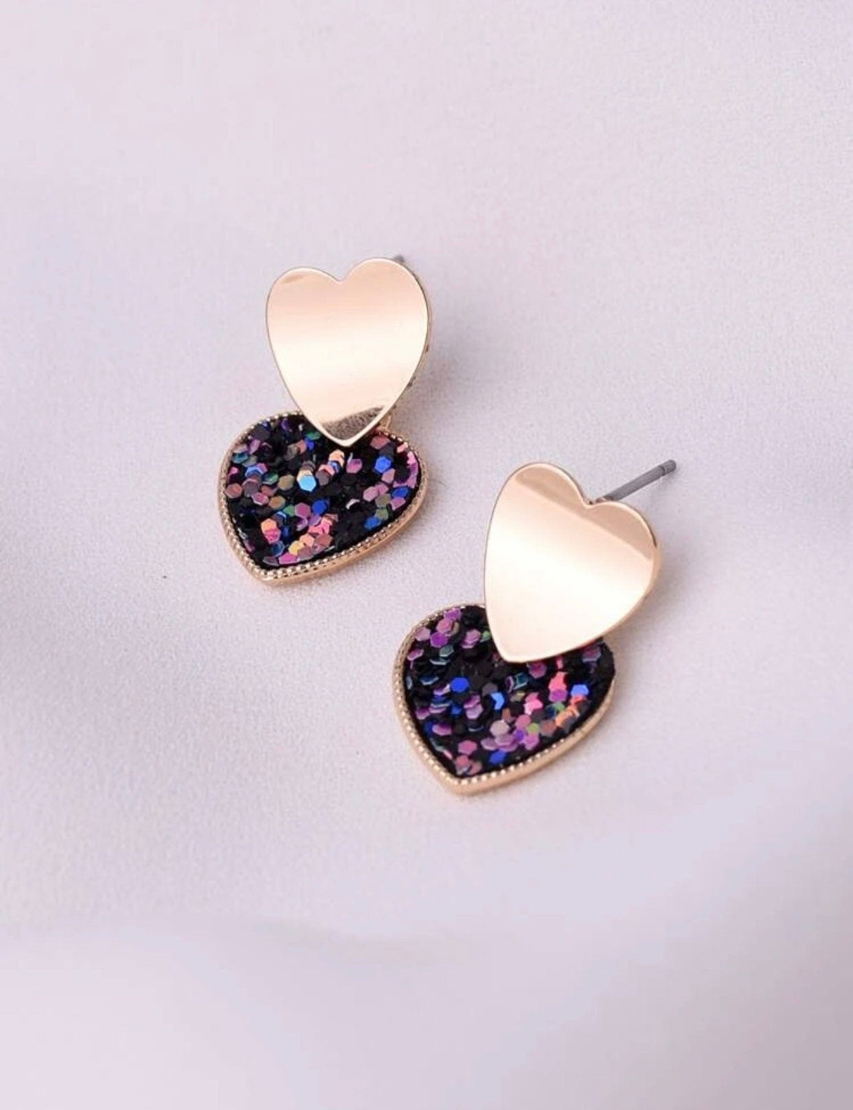 Heart Drop Studs, Valentines Day Earrings, Sequin Earrings, Glitter, Gold Plated, Cute, Sparkly, Kawaii