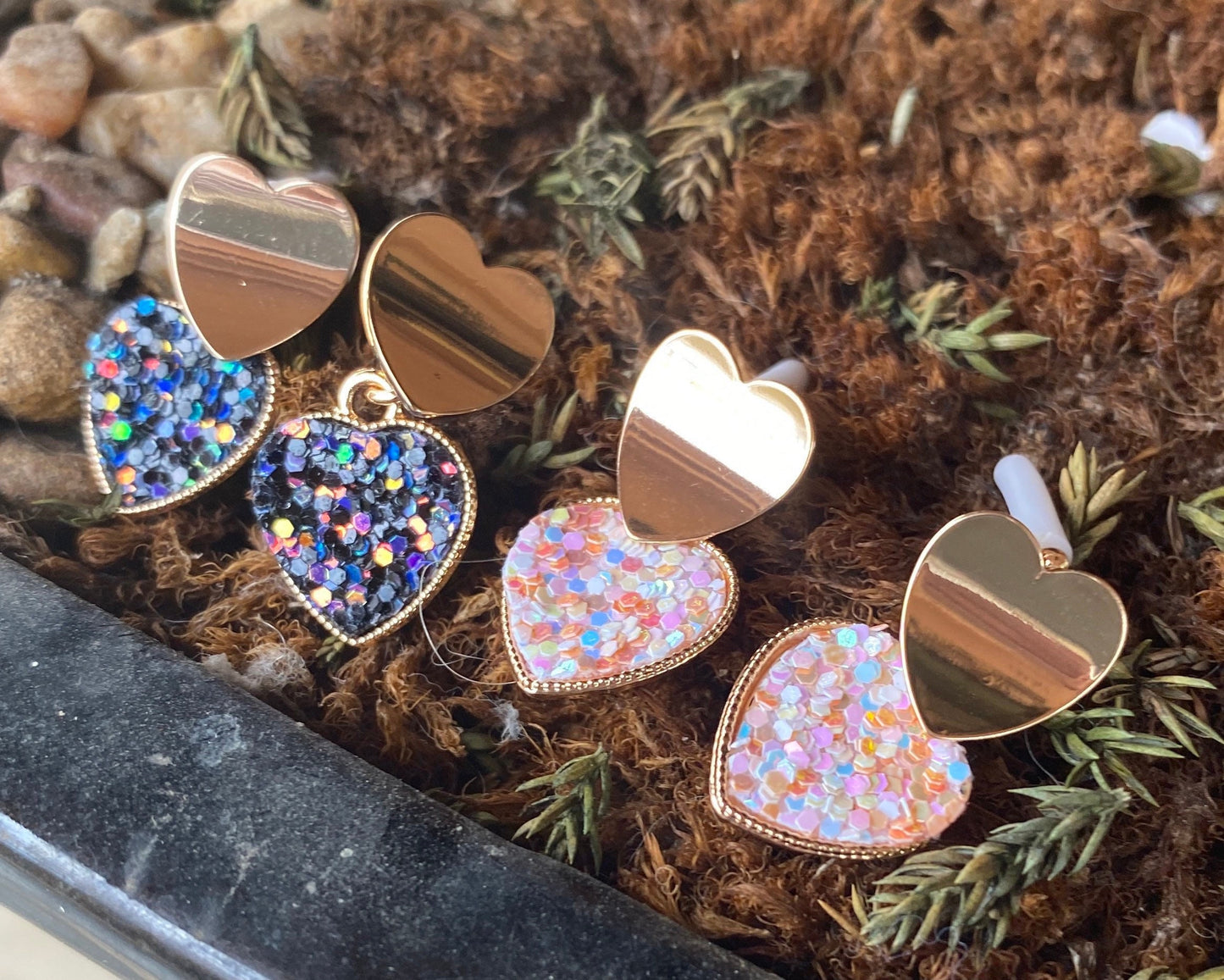 Heart Drop Studs, Valentines Day Earrings, Sequin Earrings, Glitter, Gold Plated, Cute, Sparkly, Kawaii