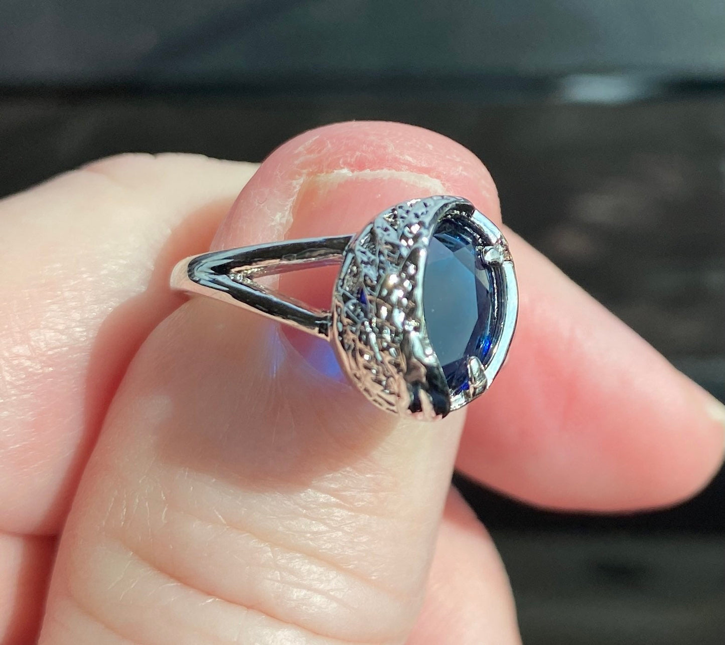 Blue Sapphire Color Ring, Angel Wing Statement Ring, Engagement, Valentine, Anniversary Gift. Deep Blue Stone With Tiny Crystals On Wing,