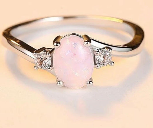 Pink Stone Ring With 2 CZ’s On The Side, Stone Has Little Glitter Flecks Inside, Beautiful Statement Women’s Ring, Great Gift