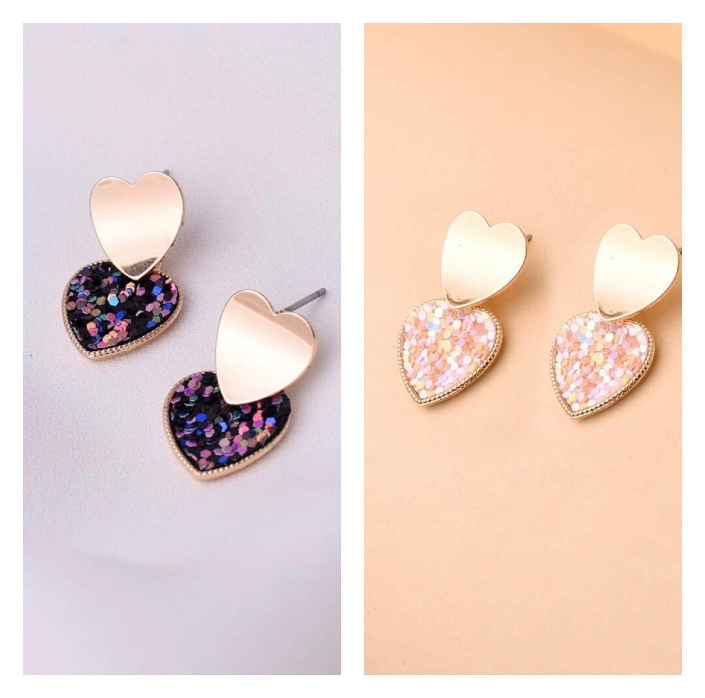 Heart Drop Studs, Valentines Day Earrings, Sequin Earrings, Glitter, Gold Plated, Cute, Sparkly, Kawaii