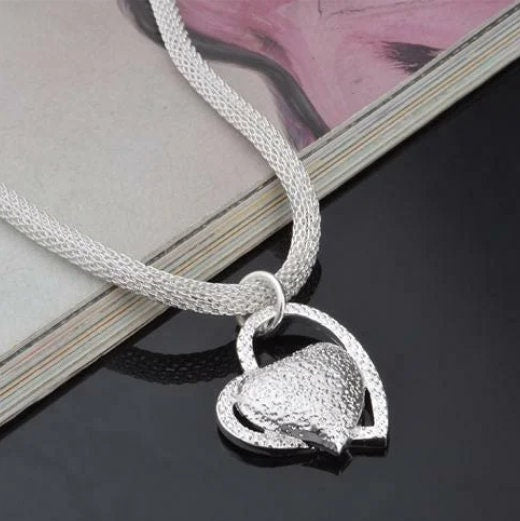 Double Heart Pendant Necklace - 18" Long Mesh Chain - Romantic Heart Within a Heart - Gift for Wife or Daughter -