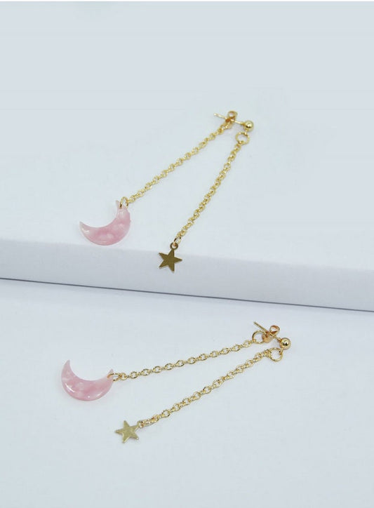 Pink Crescent Moon and Gold Star Earrings - Dangle Studs - Earring Jackets - Light of Night - Womens and Teens - Celestial Jewelry