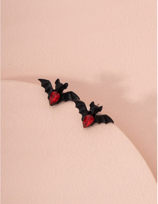 Bat Stud Earrings with Red Rhinestones - Creatures of the Night - Vampire Bat - Halloween Jewelry - Goth - Party Earrings