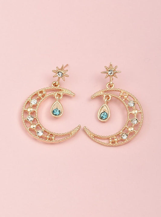 Rhinestone Crescent Moon with Blue Teardrop Earrings - Stud Dangle Earrings - Light of Night Jewelry - Half Moon