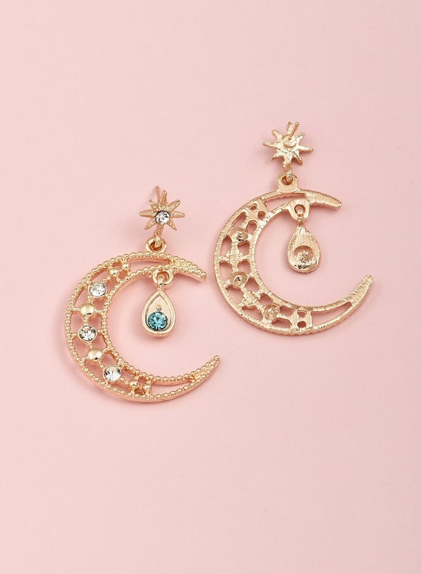 Rhinestone Crescent Moon with Blue Teardrop Earrings - Stud Dangle Earrings - Light of Night Jewelry - Half Moon