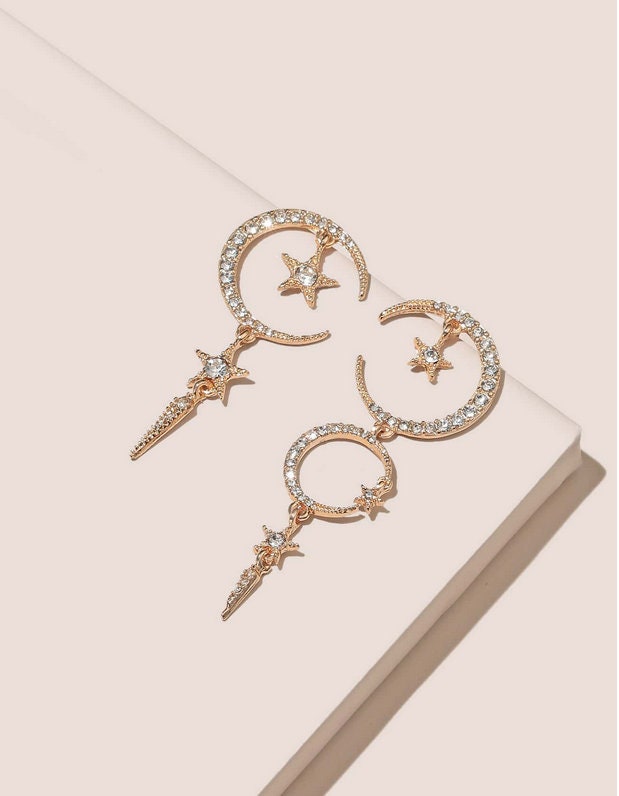 Rhinestone Stars & Crescent Moon Dangles - Stud Dangles - Celestial Jewelry - Women and Teens -