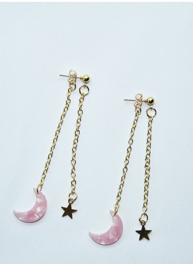 Pink Crescent Moon and Gold Star Earrings - Dangle Studs - Earring Jackets - Light of Night - Womens and Teens - Celestial Jewelry