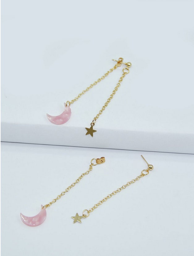 Pink Crescent Moon and Gold Star Earrings - Dangle Studs - Earring Jackets - Light of Night - Womens and Teens - Celestial Jewelry