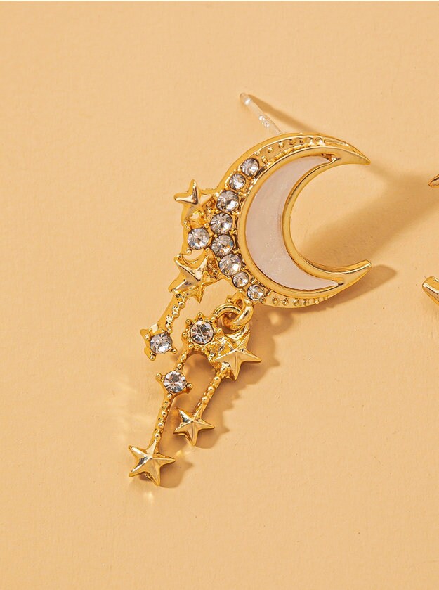 Dainty Crescent Moon and Star Dangles - Rhinestones on Pearl Color Moon andGold Stars - Celestial Jewelry - Women and Teens - .925 Studs