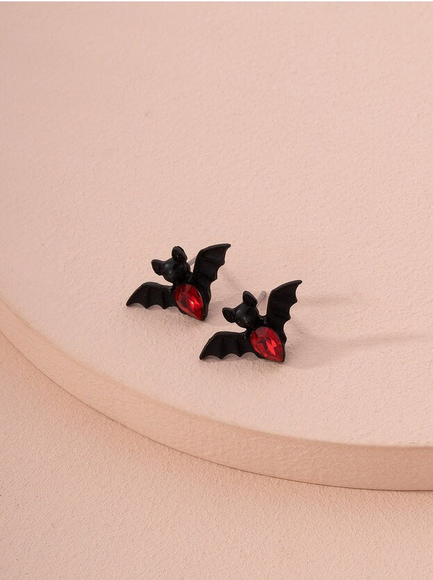 Bat Stud Earrings with Red Rhinestones - Creatures of the Night - Vampire Bat - Halloween Jewelry - Goth - Party Earrings