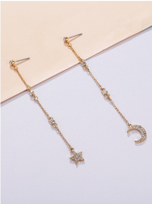 Long Crescent Moon and Star Dangle Earrings - Celestial Jewelry - Women's Gift - Mystical Dreamscape - Half Moon - Stud Earrings