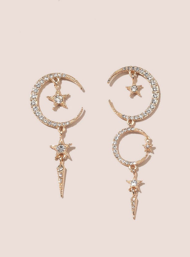 Rhinestone Stars & Crescent Moon Dangles - Stud Dangles - Celestial Jewelry - Women and Teens -