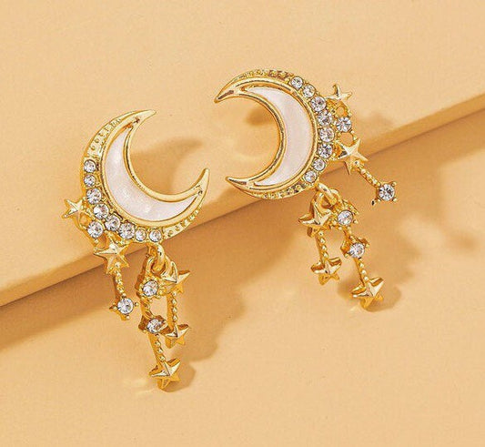 Dainty Crescent Moon and Star Dangles - Rhinestones on Pearl Color Moon andGold Stars - Celestial Jewelry - Women and Teens - .925 Studs