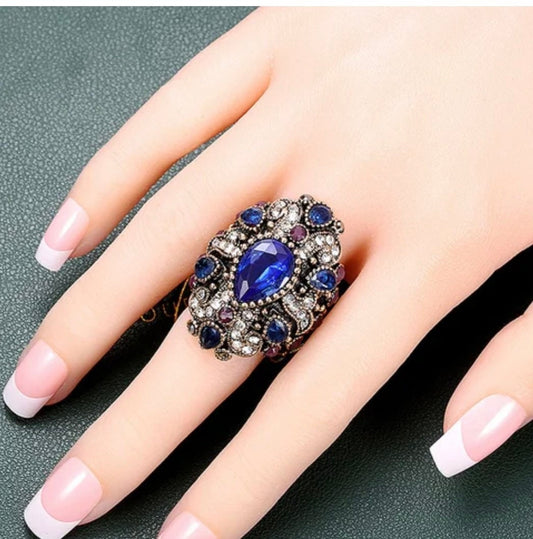 Large Oval Multi Color Crystals Ring - Elegant Dressy Women’s Jewelry - Chunky Statement Ring