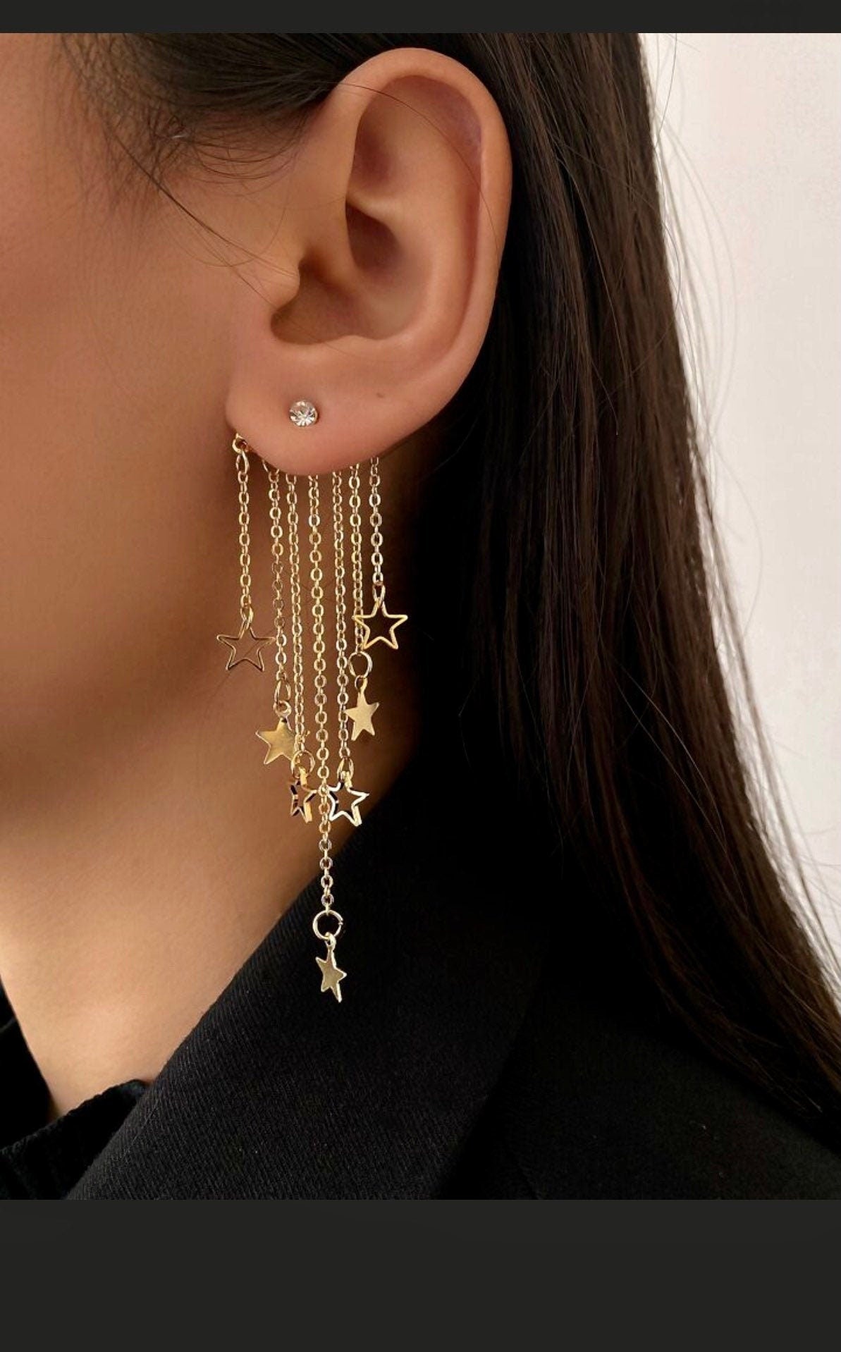 Beautiful Star Tassel Drop Earrings - Gold in Color With Clear Rhinestone - Cocktail Party - Women's Gift - 925 Posts