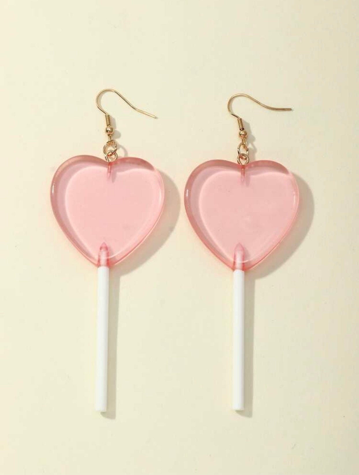 Lollipop Earrings, Pink Heart, Translucent, Fun, Cute Dangles, Food, Lightweight, Women’s Jewelry, Statement, Candy Jewelry - Pink Hearts