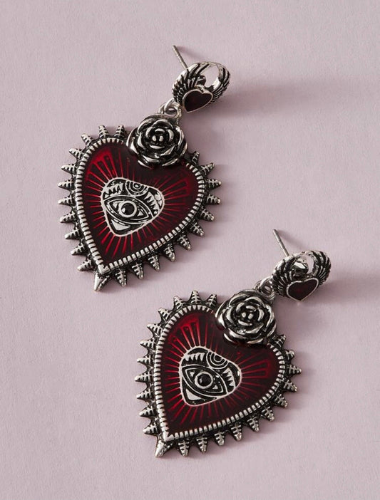 Blood Red Heart with Evil Eye - Oracle - Rose and Daggers - Dangle Earrings - Halloween Costume Jewelry - Dark Gothic