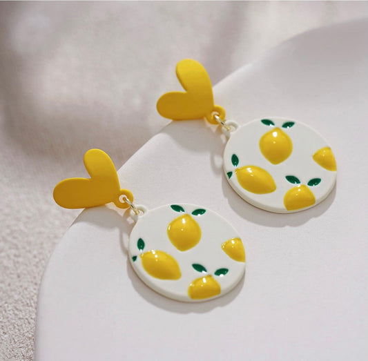 Round Lemon Earrings with Heart on Stud - When Life Gives You Lemons Wear These Earrings