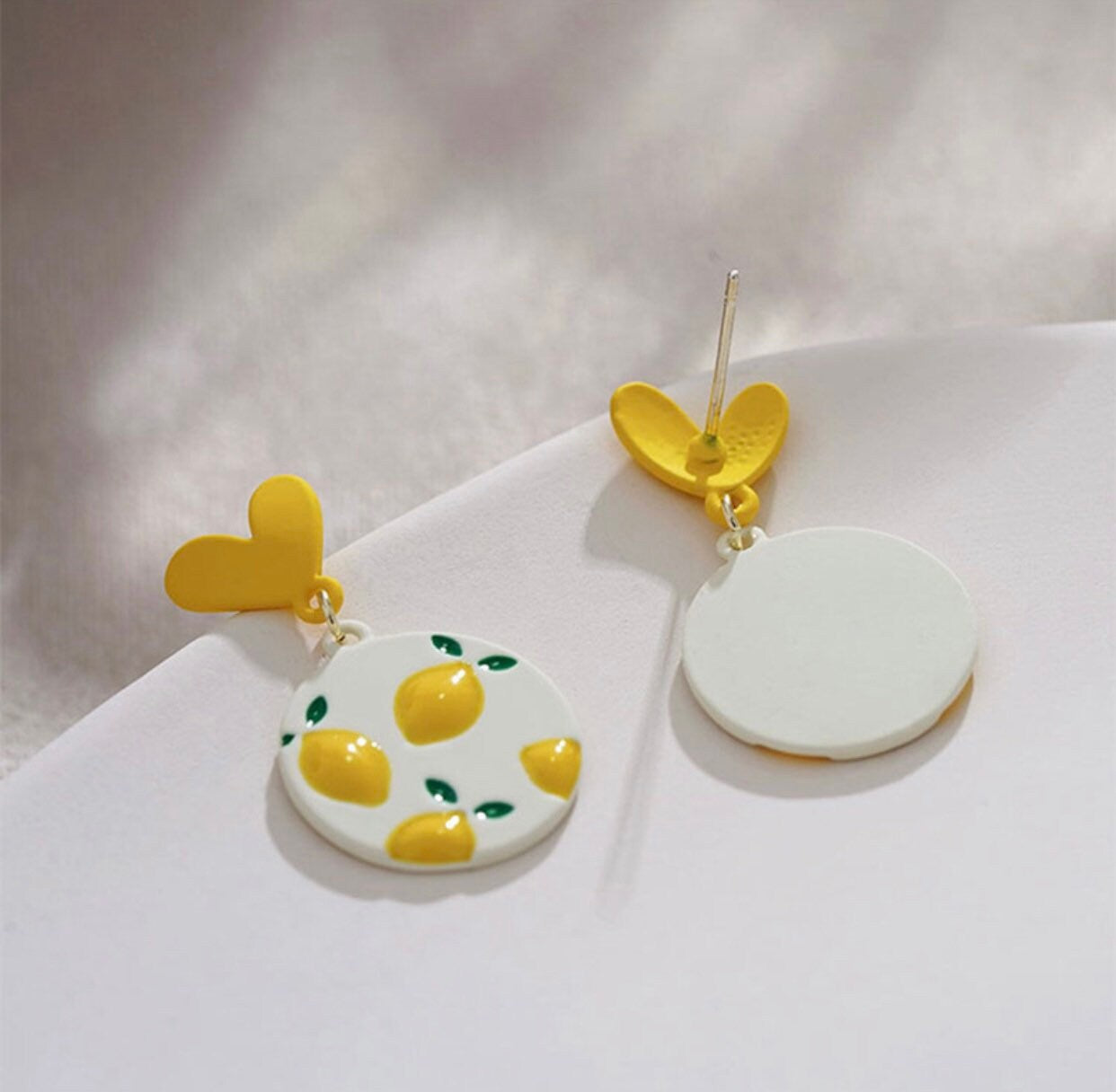 Round Lemon Earrings with Heart on Stud - When Life Gives You Lemons Wear These Earrings