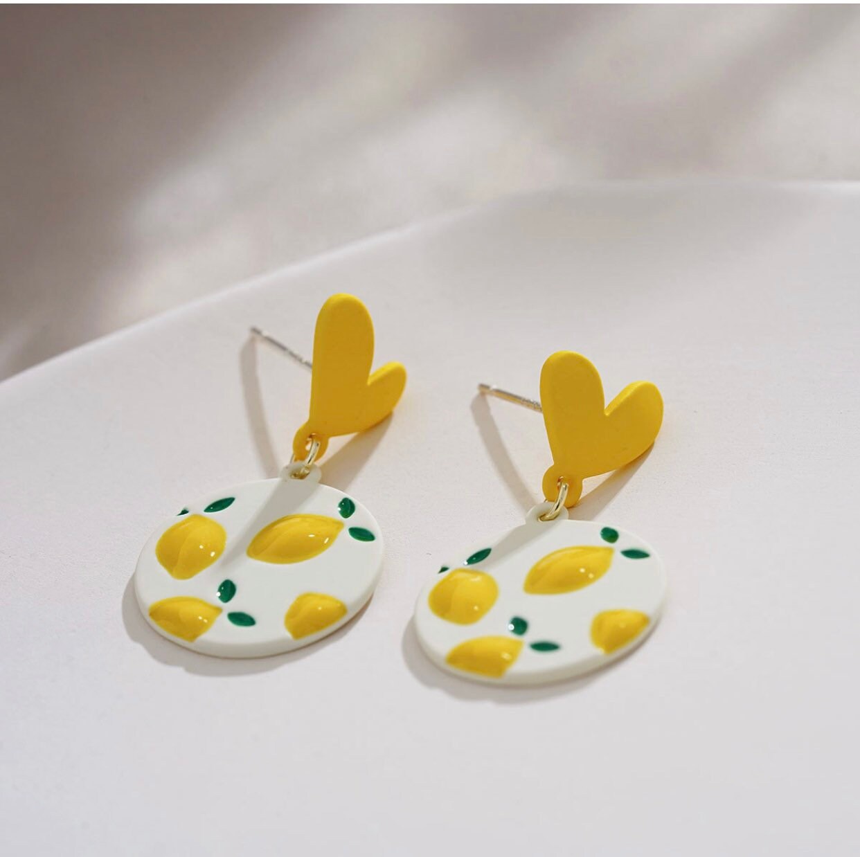 Round Lemon Earrings with Heart on Stud - When Life Gives You Lemons Wear These Earrings