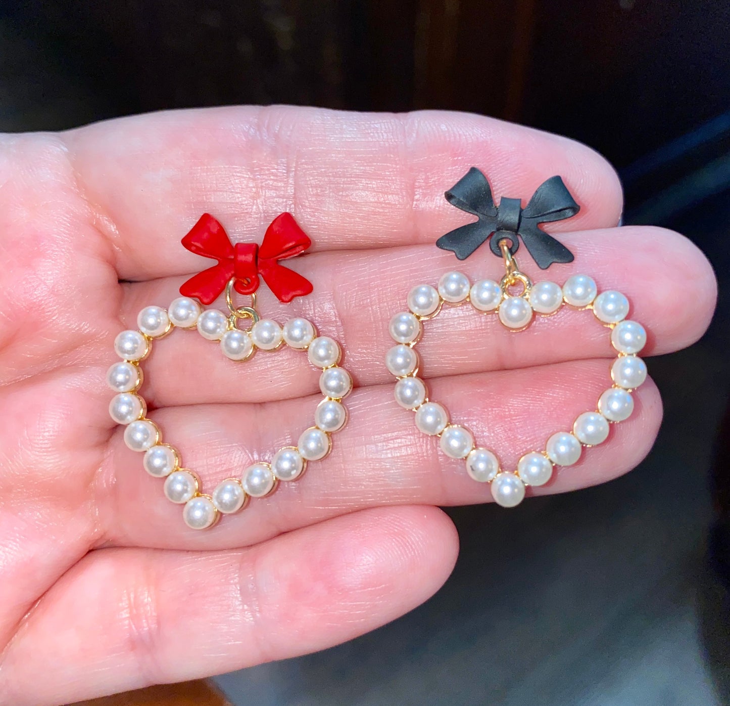 Pearl Hearts With Red or Black Bow Earrings - Elegant Heart Jewelry - Valentines Day Heart Earrings