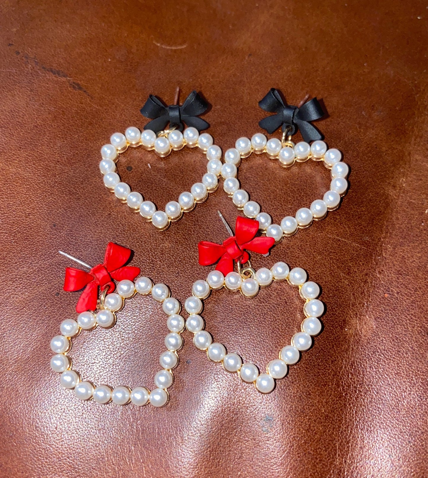 Pearl Hearts With Red or Black Bow Earrings - Elegant Heart Jewelry - Valentines Day Heart Earrings