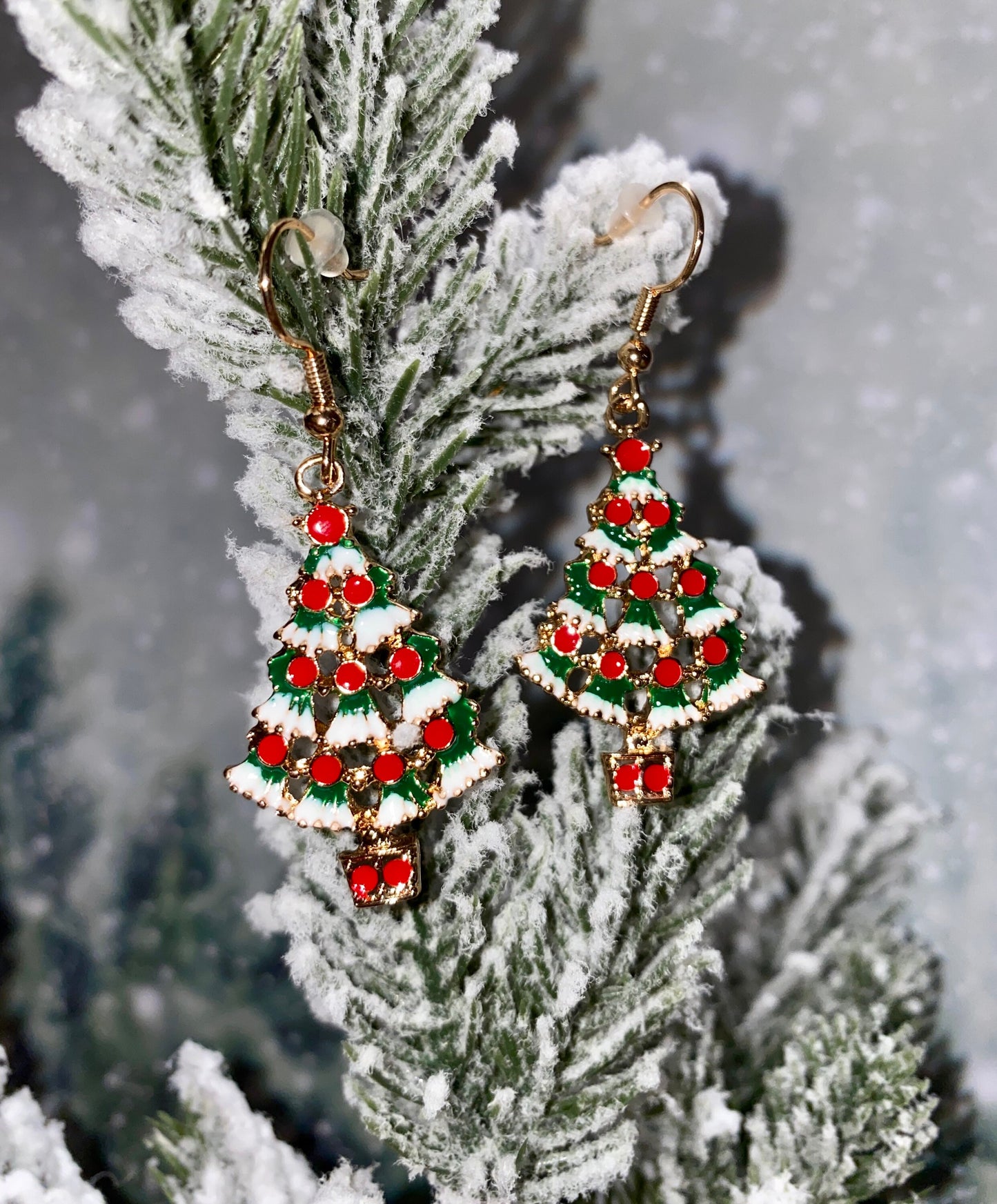 Christmas Tree Earrings, Snowy Tree Dangles, Festive, Holiday Accessories, Snow, Pine Trees